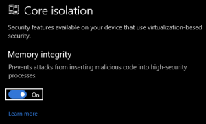 A screenshot of the Windows Core Isolation/Memory Integrity option in Windows 10.